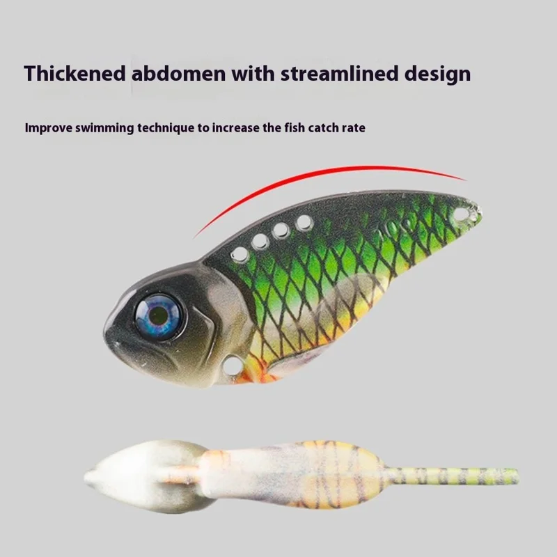 Isca de Pesca VIB 3D de 4cm, 7g, com Olhos de Peixe Realistas, Vibração de Metal Rígido com Anzóis Triplos - Preto/Verde