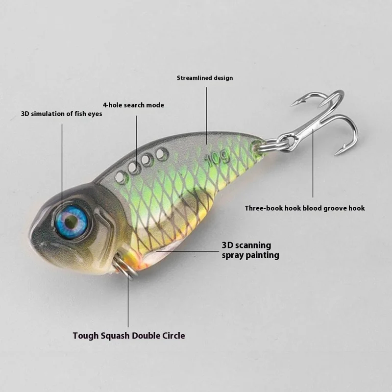 Isca de Pesca VIB 3D de 4cm, 7g, com Olhos de Peixe Realistas, Vibração de Metal Rígido com Anzóis Triplos - Preto/Verde