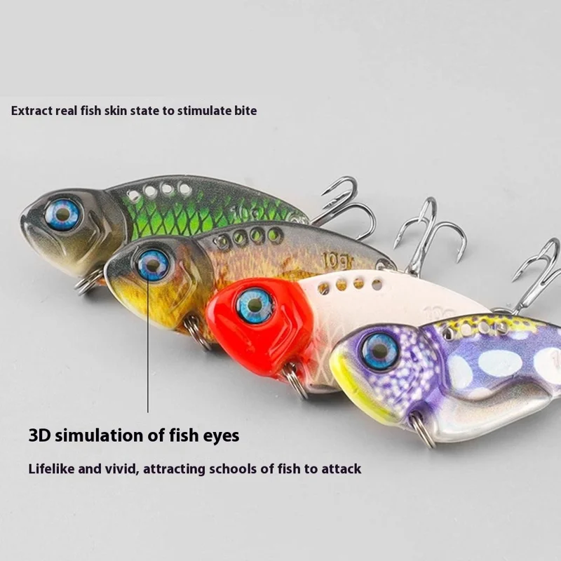 Isca de Pesca VIB 3D de 4cm, 7g, com Olhos de Peixe Realistas, Vibração de Metal Rígido com Anzóis Triplos - Preto/Verde