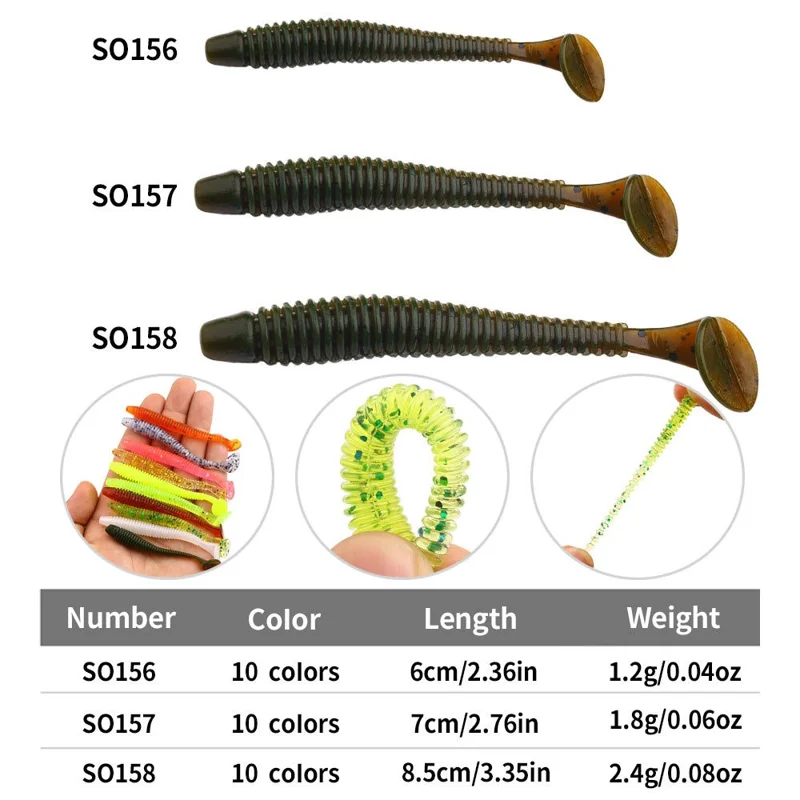 HENGJIA 10Pcs 8.5cm Soft Lure T-Tail Fishing Bait Spiral Artificial Bait for Bass Trout Perch - Color 4