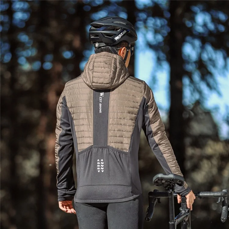 WEST BIKING YP0202335 Autumn Winter Keep Warm Windproof Cycling Coat High Collar Hood Jacket - Brown / M