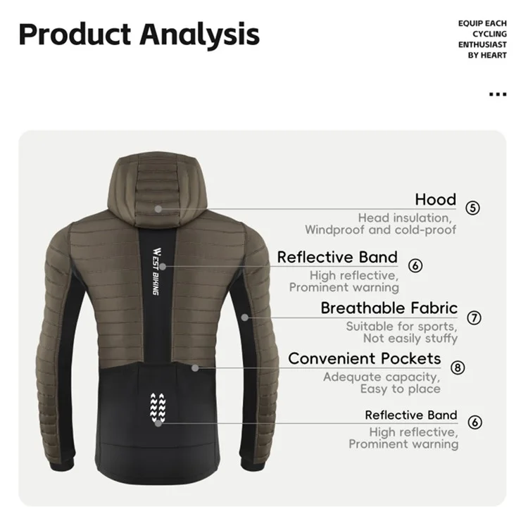 WEST BIKING YP0202335 Autumn Winter Keep Warm Windproof Cycling Coat High Collar Hood Jacket - Brown / M