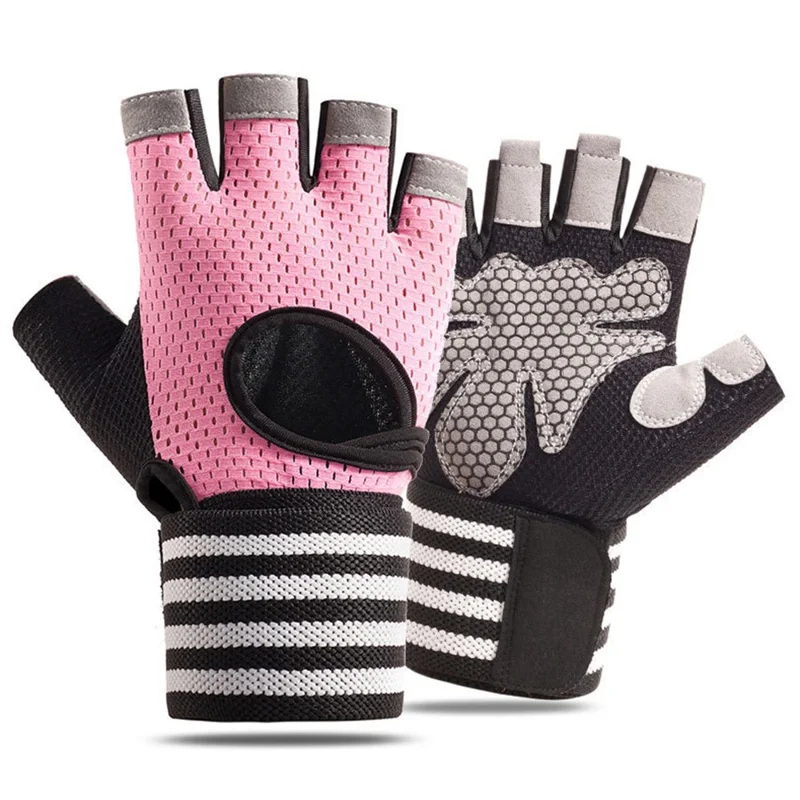 1 Pair Breathable Half Finger Fitness Gloves Anti-Slip Cycling Gloves with Extended Wrist Guard - Pink  /  L