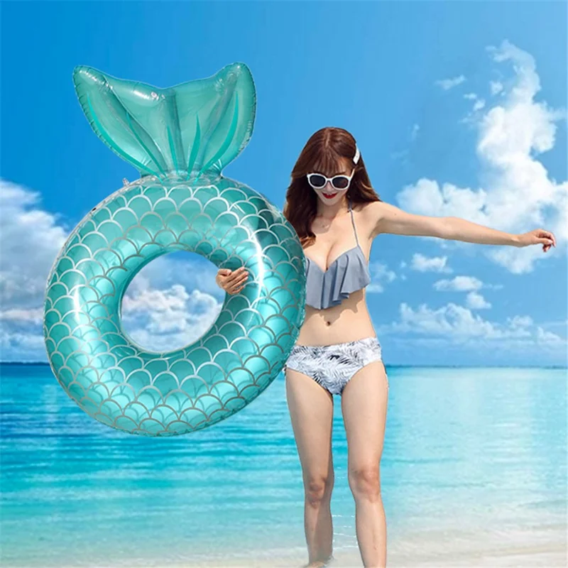 Inflatable Mermaid Swimming Ring with Backrest PVC Pool Floats for Children 5 - 9 Years Water Toy - Mermaid+Blue