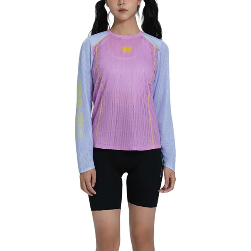WEST BIKING YP0202342 Maillot de Cyclisme à Manches Longues pour Femme, Séchage Rapide, Respirant pour Randonnée, Course et Entraînement, M / L - Rose / Bleu