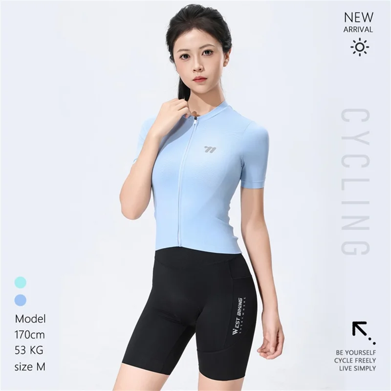 WEST BIKING YP0206184 Camisa de Ciclismo de Verão Respirável para Mulheres UPF50+ Ajuste Slim Manga Curta - Azul / XS