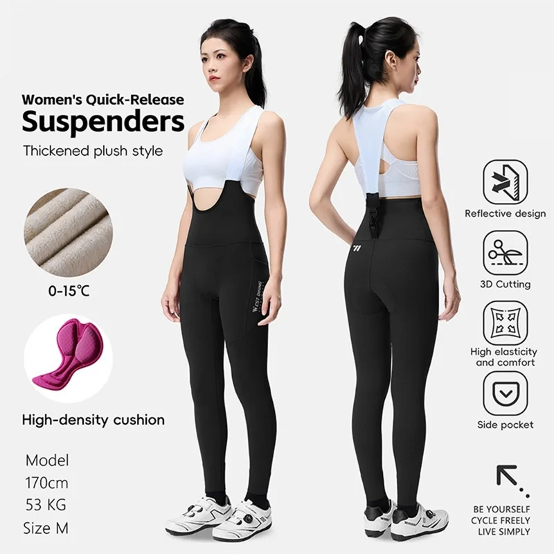 WEST BIKING YP0210022 Pantalones de Bib de Ciclismo Engrosados Liberación Rápida Pantalones Largos Acolchados 3D Ergonómicos para Mujer Otoño Invierno - Negro / M