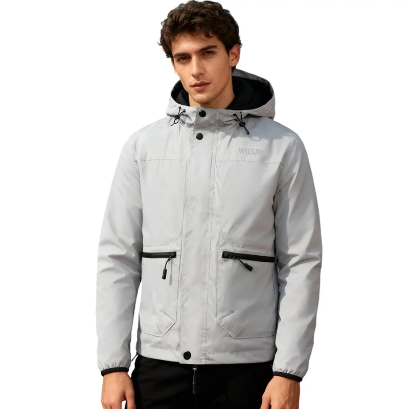 WOSAWE BD264 Chaqueta Cortavientos Reflectante Completa con Capucha Impermeable Transpirable para Correr por la Noche Ciclismo Senderismo, Plata - Talla Asiática M / UE S