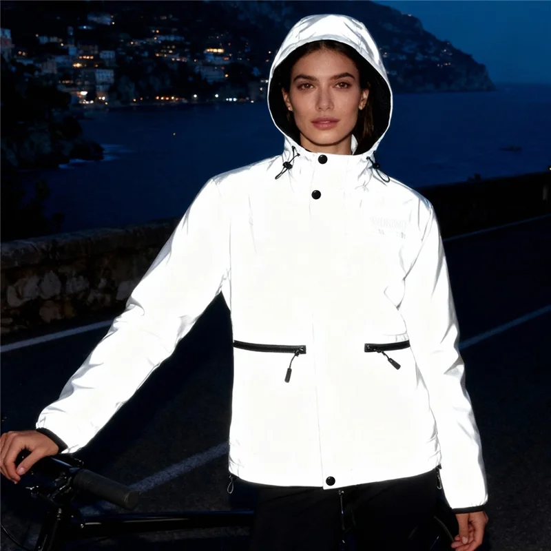 WOSAWE BD264 Chaqueta Cortavientos Reflectante Completa con Capucha Impermeable Transpirable para Correr por la Noche Ciclismo Senderismo, Plata - Talla Asiática M / UE S