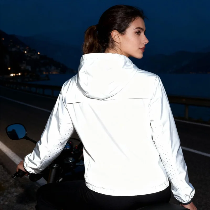 WOSAWE BD264 Chaqueta Cortavientos Reflectante Completa con Capucha Impermeable Transpirable para Correr por la Noche Ciclismo Senderismo, Plata - Talla Asiática M / UE S
