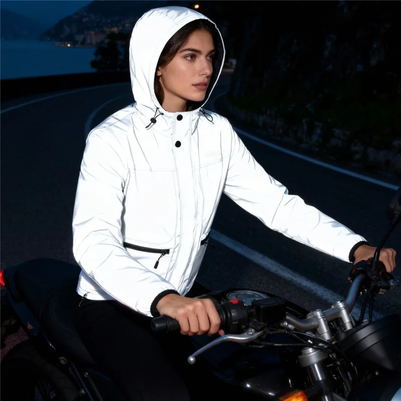 WOSAWE BD264 Chaqueta Cortavientos Reflectante Completa con Capucha Impermeable Transpirable para Correr por la Noche Ciclismo Senderismo, Plata - Talla Asiática M / UE S