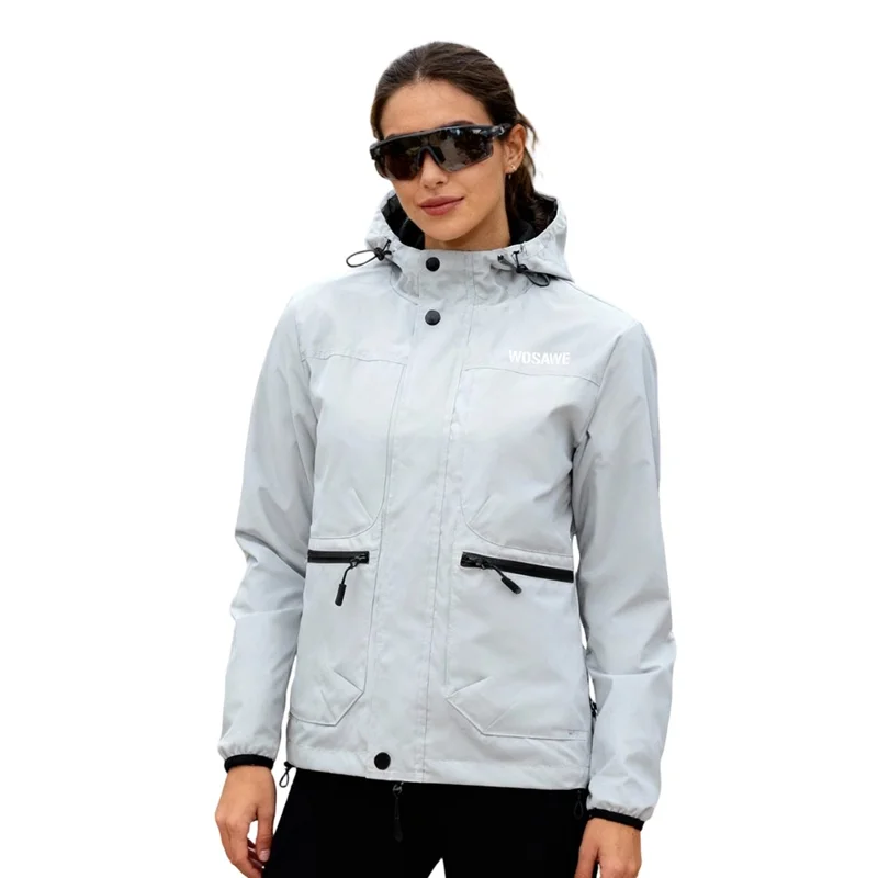 WOSAWE BD264 Chaqueta Cortavientos Reflectante Completa con Capucha Impermeable Transpirable para Correr por la Noche Ciclismo Senderismo, Plata - Talla Asiática M / UE S
