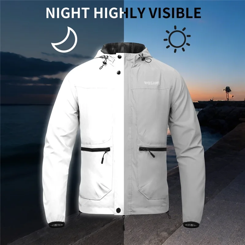 WOSAWE BD264 Chaqueta Cortavientos Reflectante Completa con Capucha Impermeable Transpirable para Correr por la Noche Ciclismo Senderismo, Plata - Talla Asiática M / UE S