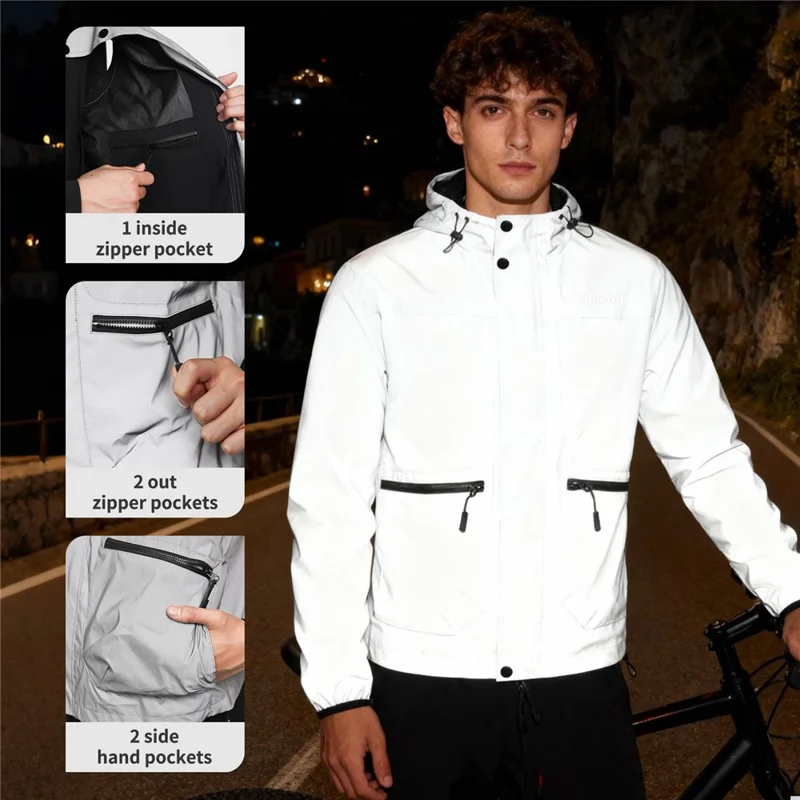 WOSAWE BD264 Chaqueta Cortavientos Reflectante Completa con Capucha Impermeable Transpirable para Correr por la Noche Ciclismo Senderismo, Plata - Talla Asiática M / UE S