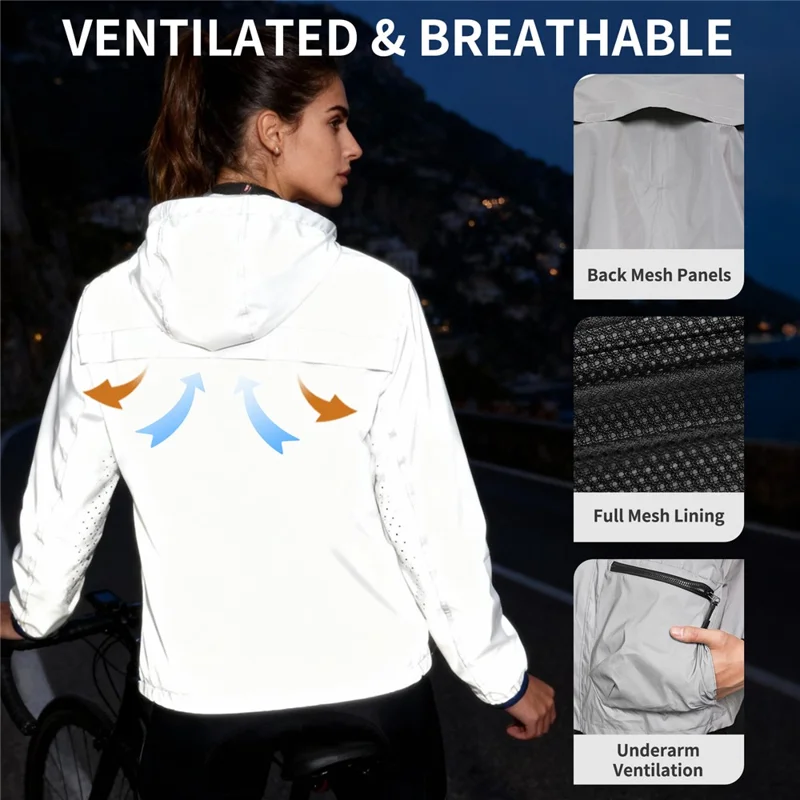 WOSAWE BD264 Chaqueta Cortavientos Reflectante Completa con Capucha Impermeable Transpirable para Correr por la Noche Ciclismo Senderismo, Plata - Talla Asiática M / UE S