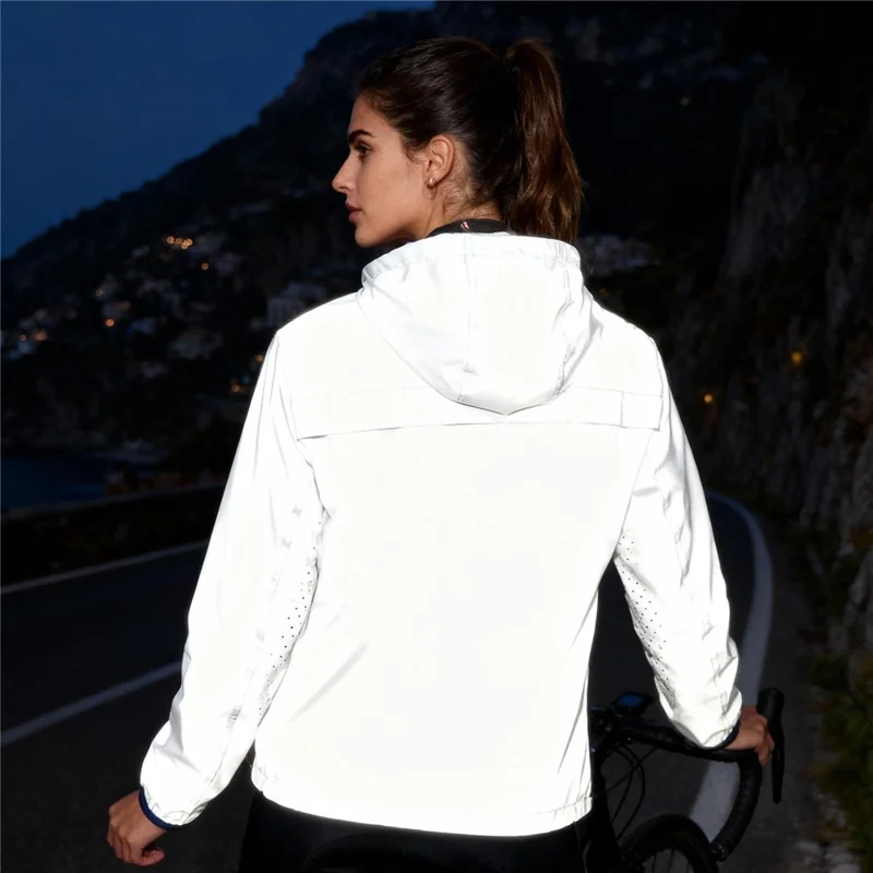 WOSAWE BD264 Chaqueta Cortavientos Reflectante Completa con Capucha Impermeable Transpirable para Correr por la Noche Ciclismo Senderismo, Plata - Talla Asiática M / UE S