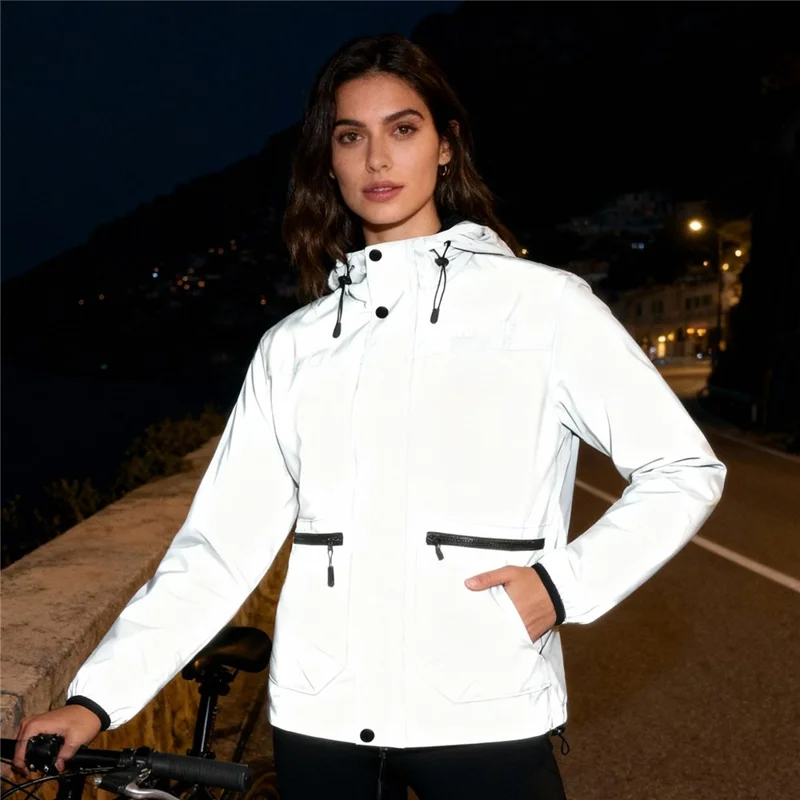 WOSAWE BD264 Chaqueta Cortavientos Reflectante Completa con Capucha Impermeable Transpirable para Correr por la Noche Ciclismo Senderismo, Plata - Talla Asiática M / UE S