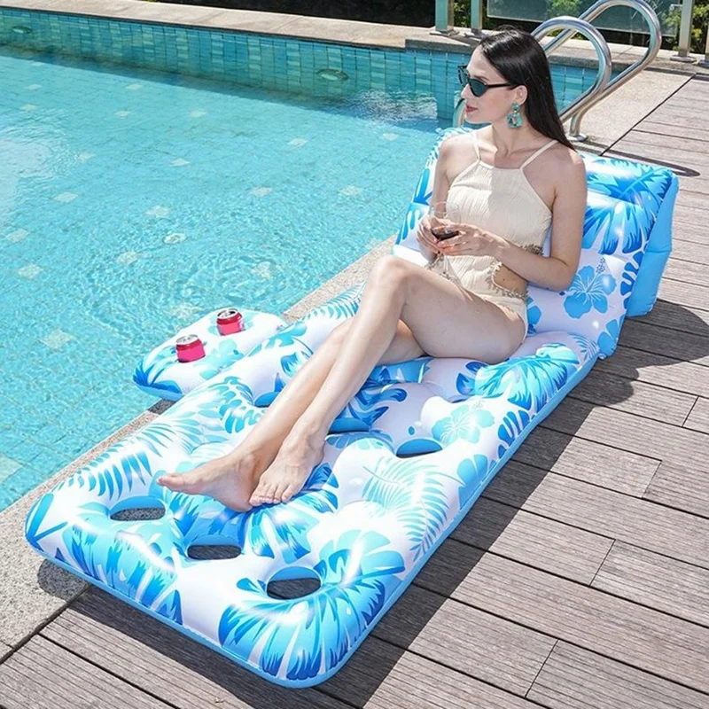 180cm x 90cm Inflatable Leaf Hole Floating Raft Pool Party Floating Lounger with Cup Holder - Blue