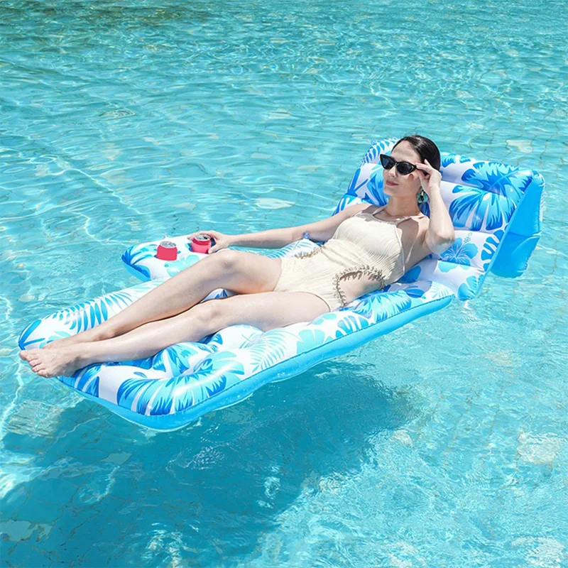 180cm x 90cm Inflatable Leaf Hole Floating Raft Pool Party Floating Lounger with Cup Holder - Blue