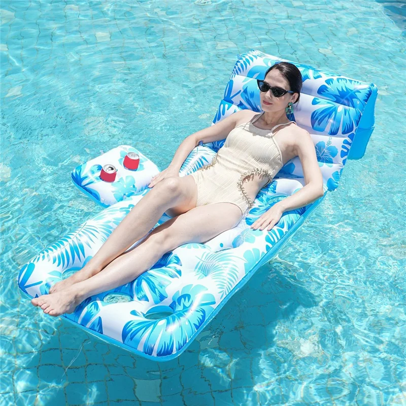 180cm x 90cm Inflatable Leaf Hole Floating Raft Pool Party Floating Lounger with Cup Holder - Blue