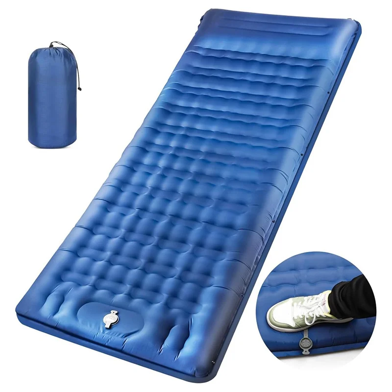 Camping Sleeping Pad with Foot Pump Inflatable Mat Connectable Outdoor Waterproof Bed 195 x 66 x 12CM - Navy Blue