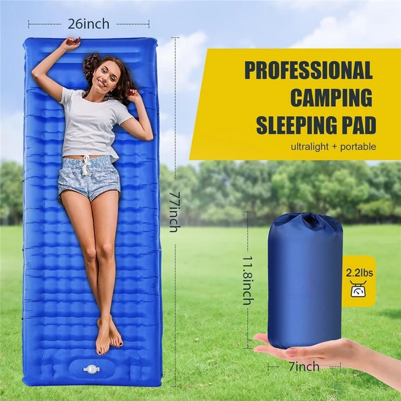 Camping Sleeping Pad with Foot Pump Inflatable Mat Connectable Outdoor Waterproof Bed 195 x 66 x 12CM - Navy Blue