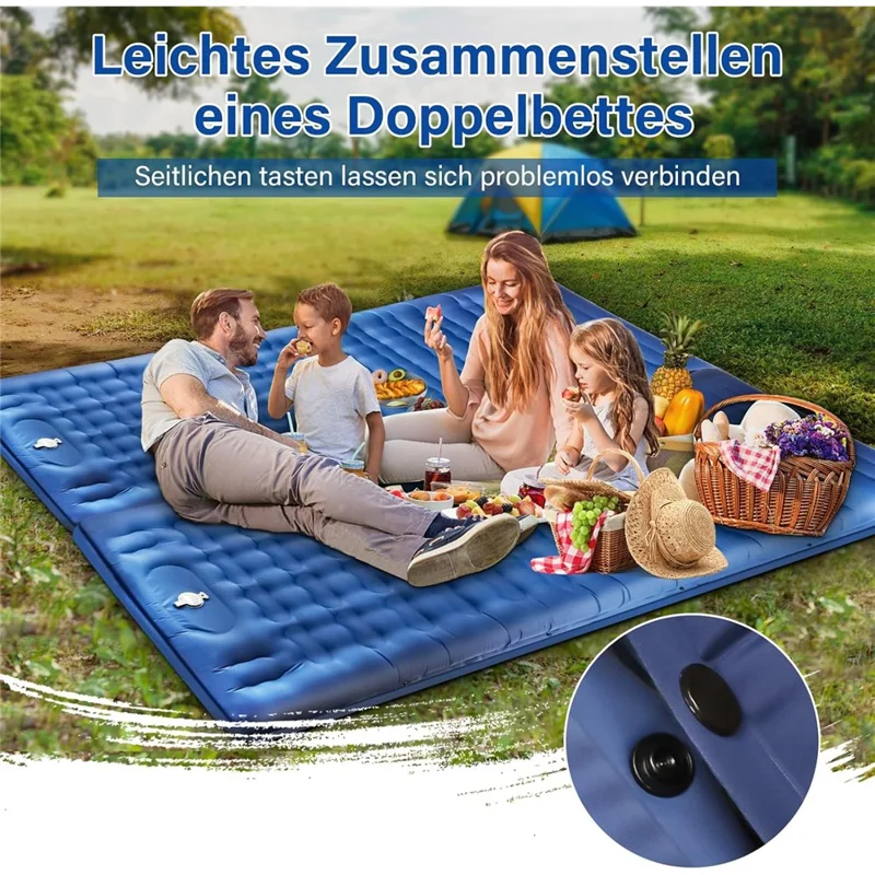Camping Sleeping Pad with Foot Pump Inflatable Mat Connectable Outdoor Waterproof Bed 195 x 66 x 12CM - Navy Blue