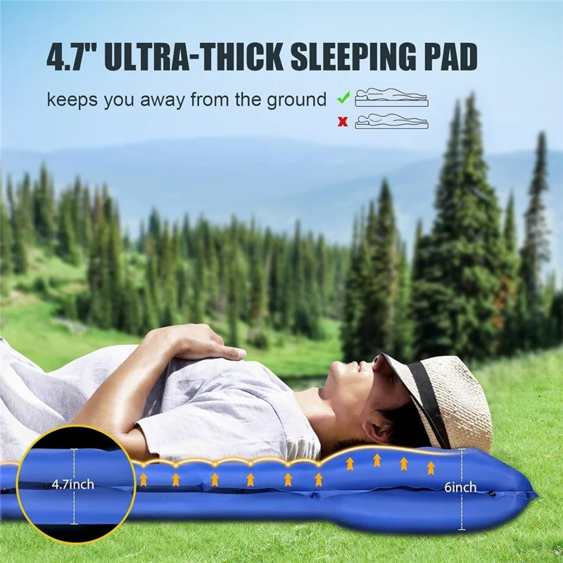 Camping Sleeping Pad with Foot Pump Inflatable Mat Connectable Outdoor Waterproof Bed 195 x 66 x 12CM - Navy Blue