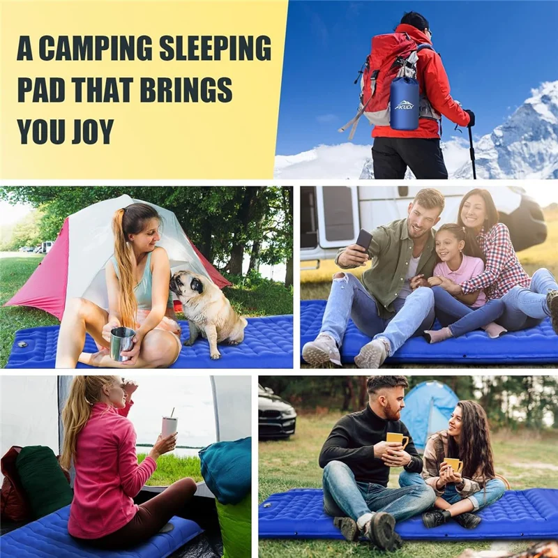 Camping Sleeping Pad with Foot Pump Inflatable Mat Connectable Outdoor Waterproof Bed 195 x 66 x 12CM - Navy Blue