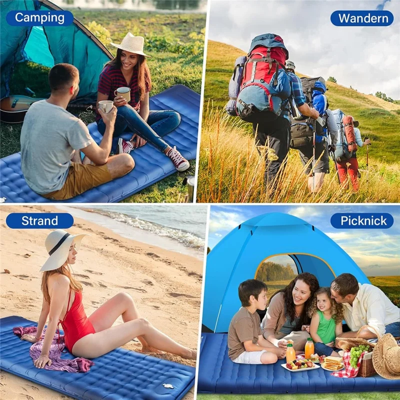 Camping Sleeping Pad with Foot Pump Inflatable Mat Connectable Outdoor Waterproof Bed 195 x 66 x 12CM - Navy Blue
