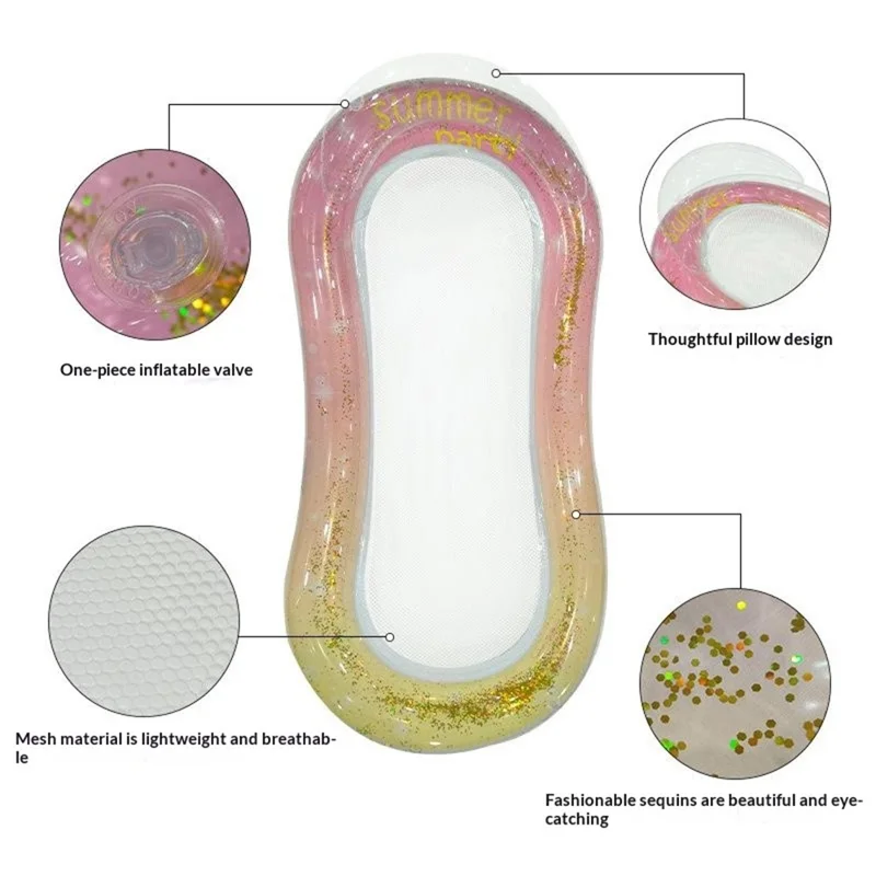 PVC Inflatable Pool Float Lounger with Mesh Glitter Sequins Design Portable Foldable Beach Chair - Orange+Pink