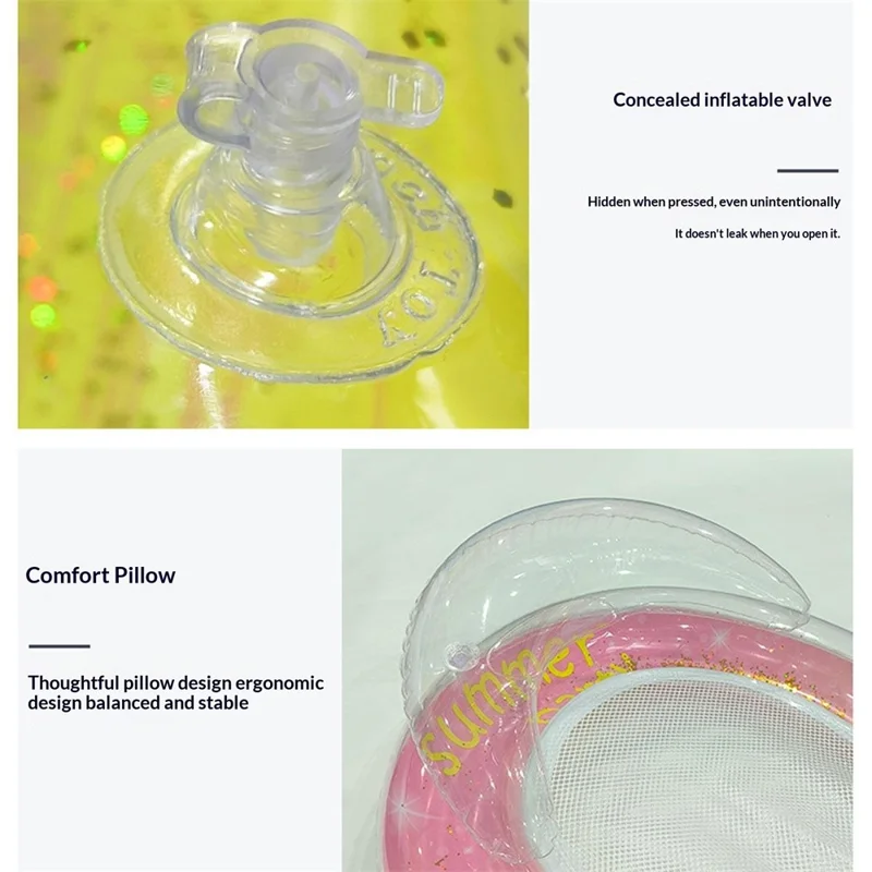 PVC Inflatable Pool Float Lounger with Mesh Glitter Sequins Design Portable Foldable Beach Chair - Orange+Pink