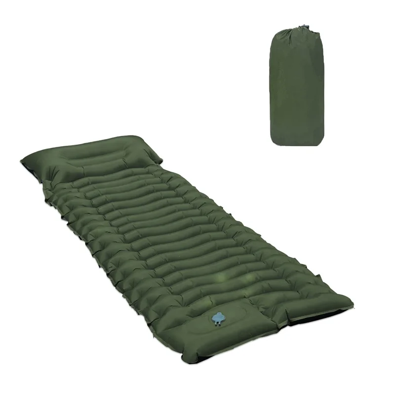 Outdoor Foot Pump Inflatable Sleeping Pad Portable Camping Mattress with Built-in Pillow Waterproof - Olive Green