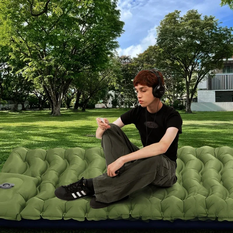 Outdoor Foot Pump Inflatable Sleeping Pad Portable Camping Mattress with Built-in Pillow Waterproof - Olive Green