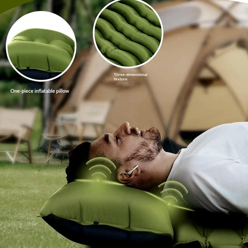 Outdoor Foot Pump Inflatable Sleeping Pad Portable Camping Mattress with Built-in Pillow Waterproof - Olive Green