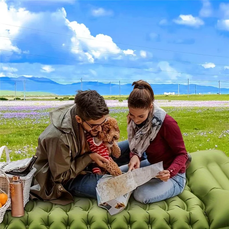 Outdoor Foot Pump Inflatable Sleeping Pad Portable Camping Mattress with Built-in Pillow Waterproof - Olive Green