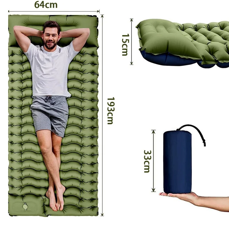 Outdoor Foot Pump Inflatable Sleeping Pad Portable Camping Mattress with Built-in Pillow Waterproof - Olive Green