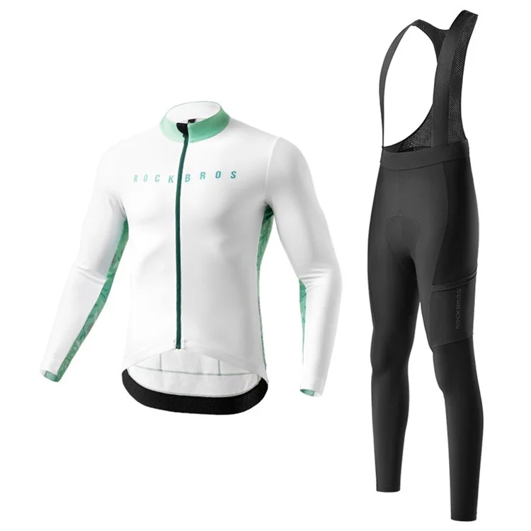 ROCKBROS Cycling Clothing Sets Long Sleeve Top Cycling Jersey Bike Outfit Bib Pants Built-In Foam Padded, Shoulder Strap Type - Men / White / M