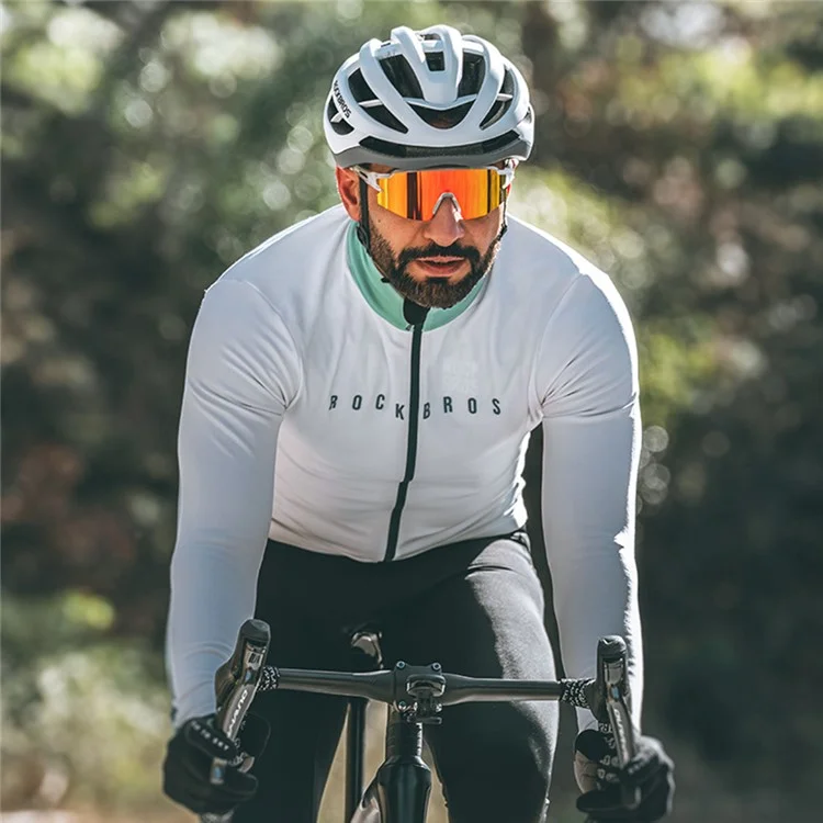 ROCKBROS Cycling Clothing Sets Long Sleeve Top Cycling Jersey Bike Outfit Bib Pants Built-In Foam Padded, Shoulder Strap Type - Men / White / M