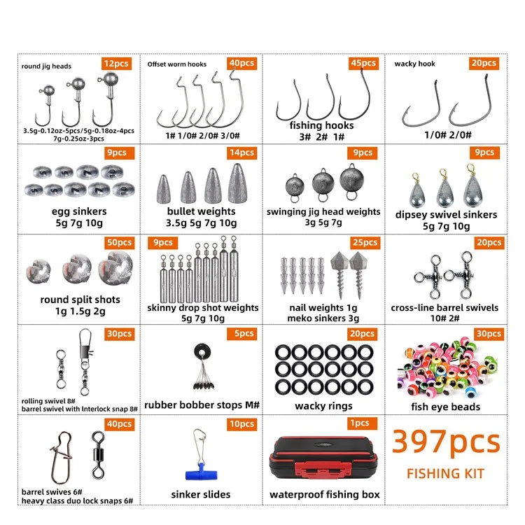 397Pcs / Set Juegos de Aparejos de Pesca, Caja Impermeable para Pesca de Agua Dulce, Trucha, Black Bass