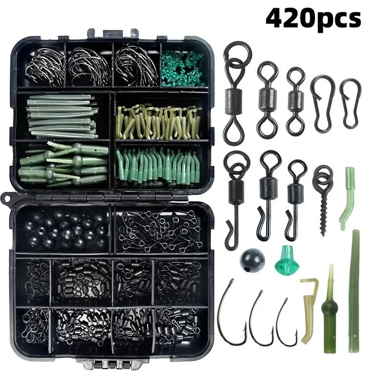 Set di accessori per la pesca alla carpa di stile europeo da 420 pezzi, con ganci, bead fermi, viti per esche e altro