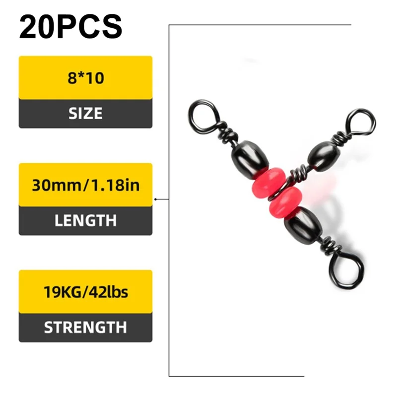 20Pcs / Set Fishing Connector Three Way Barrel Swivel Snap Ring with Beads for Fishhook Lure Line - 8x10