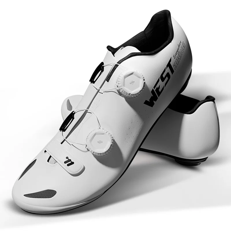 WEST BIKING YP0709059 Zapatillas de Ciclismo de Carbono Microfiber para Bicicleta de Montaña y Carretera con Hebilla Rotativa Doble - Blanco / Talla 36
