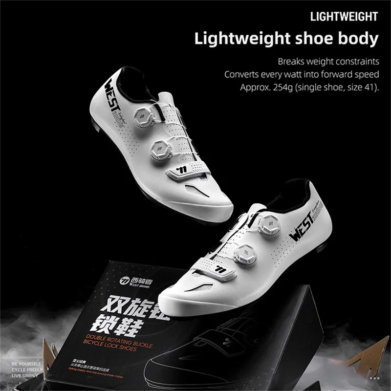 WEST BIKING YP0709059 Zapatillas de Ciclismo de Carbono Microfiber para Bicicleta de Montaña y Carretera con Hebilla Rotativa Doble - Blanco / Talla 36