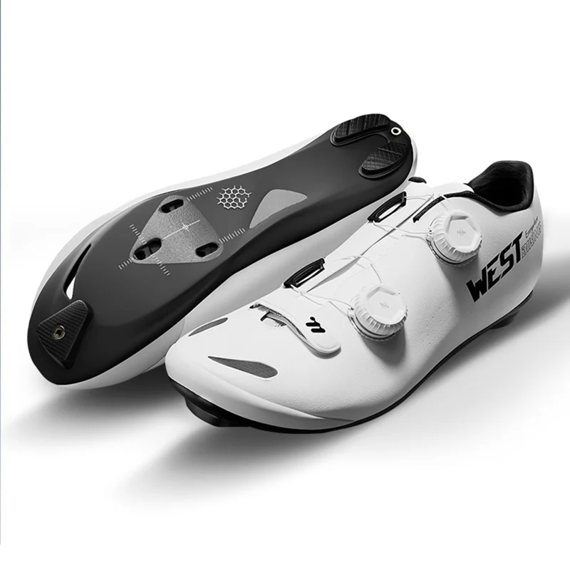WEST BIKING YP0709059 Zapatillas de Ciclismo de Carbono Microfiber para Bicicleta de Montaña y Carretera con Hebilla Rotativa Doble - Blanco / Talla 36