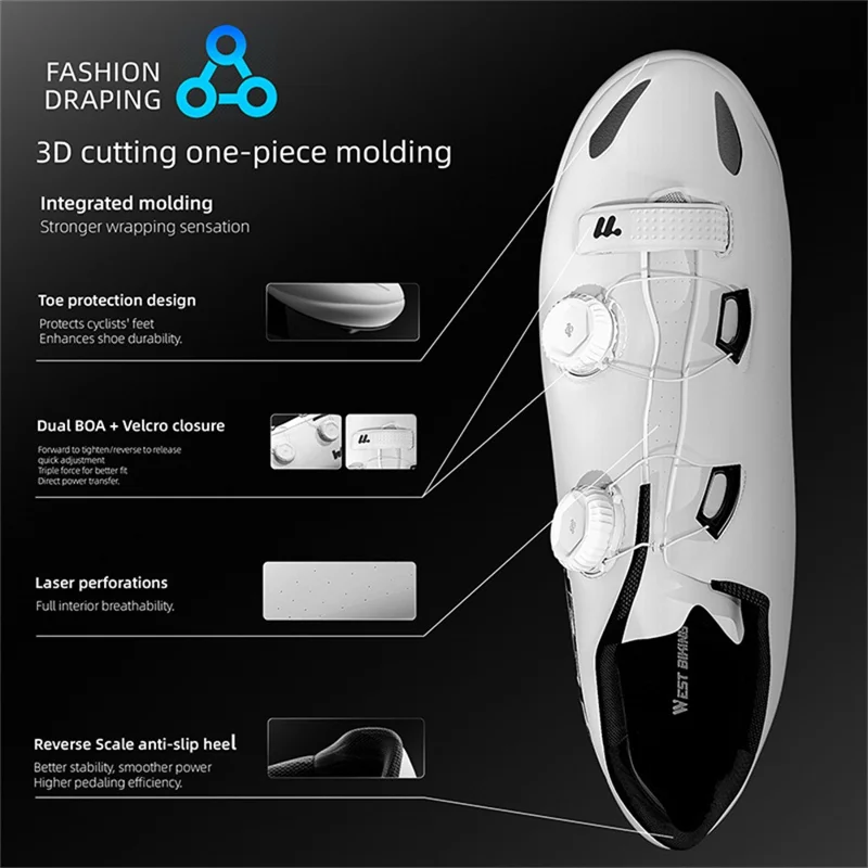 WEST BIKING YP0709059 Zapatillas de Ciclismo de Carbono Microfiber para Bicicleta de Montaña y Carretera con Hebilla Rotativa Doble - Blanco / Talla 36