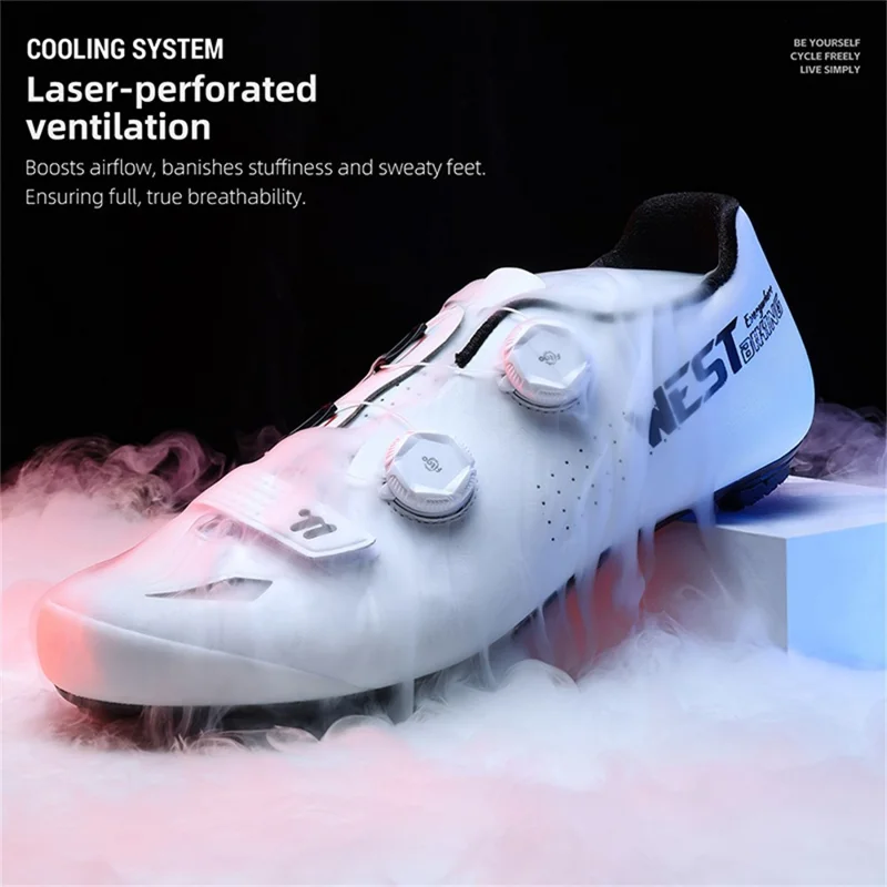WEST BIKING YP0709059 Zapatillas de Ciclismo de Carbono Microfiber para Bicicleta de Montaña y Carretera con Hebilla Rotativa Doble - Blanco / Talla 36