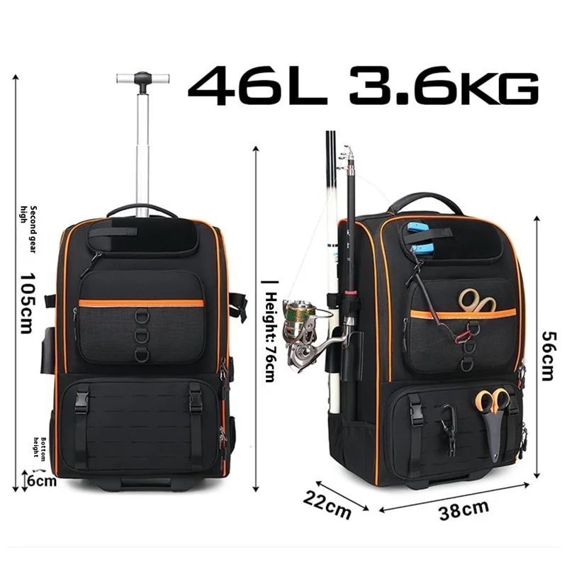 10016 Mochila de Pesca à Prova d'Água Nylon Grande Capacidade Bolsa de Armazenamento de Varas e Acessórios com Trolley - Preto