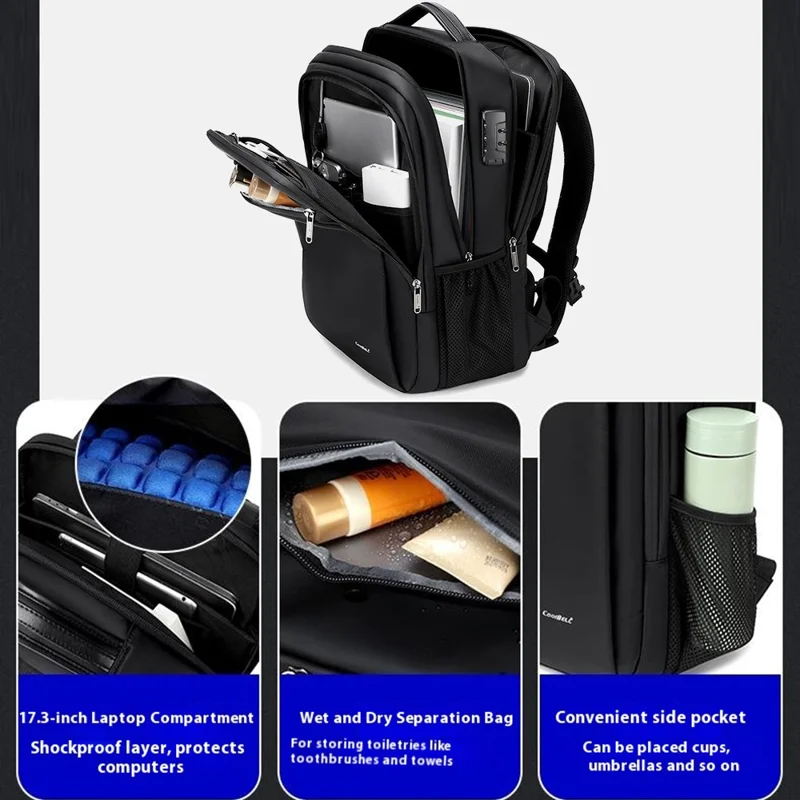 COOLBELL 8308 Zaino per laptop di grande capacità e leggero Studenti Affari Viaggi Impermeabile Anti Furto Daypack - Nero