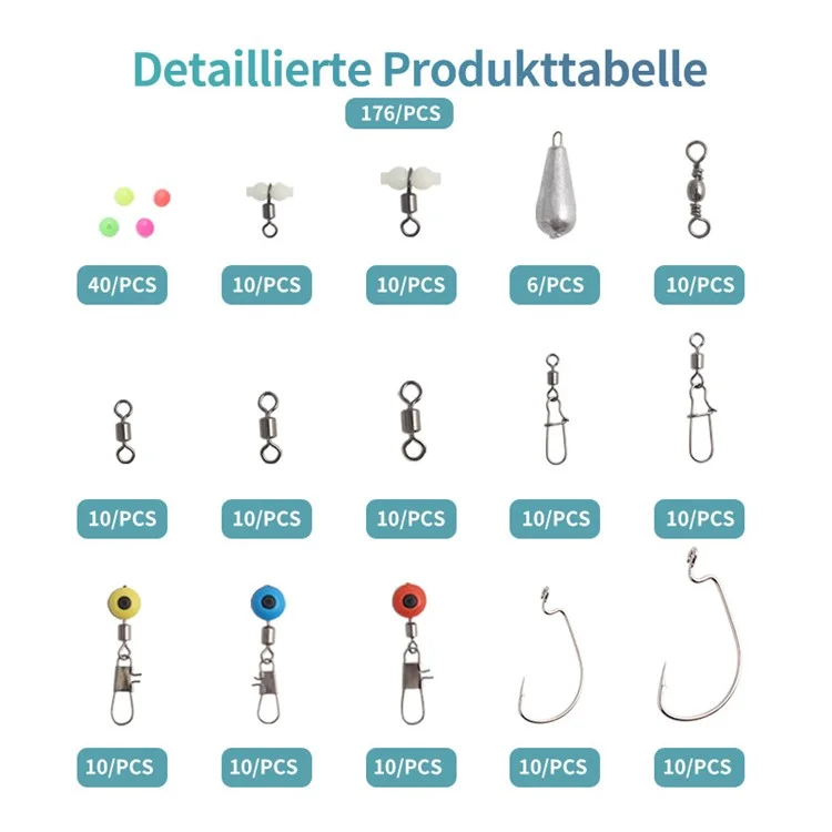XY-254 176-teiliges Meeres-Angelzubehör-Set Sinkgewicht Wirbel Snap Jig Haken Angelperlen-Set